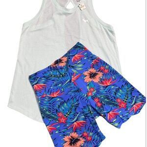PINK Victoria’s Secret Floral Blue Athletic Shorts and Tank Top small NWT
